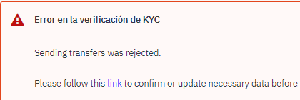 Aviso de error con enlace al portal de verificación KYC