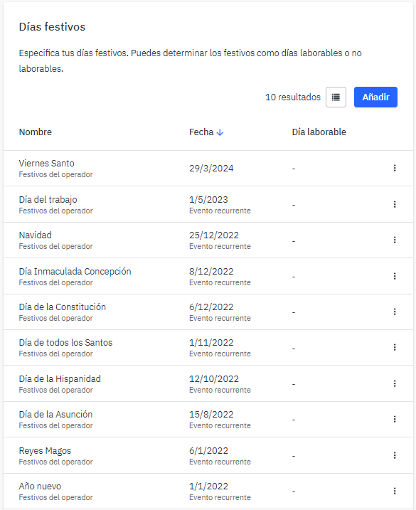 Pantalla del calendario de empresa