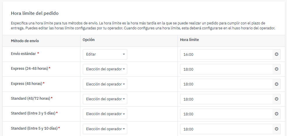 Configuración de la hora límite del pedido