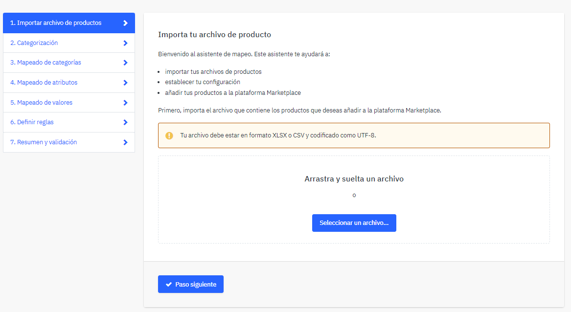 Selección del fichero en el asistente de Mirakl
