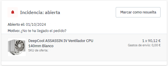 Detalle del pedido con incidencia abierta