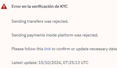Error KYC con enlace al portal de Adyen