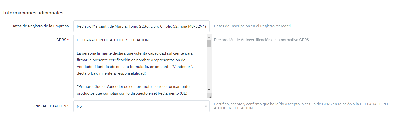 Campos GPSR en la configuración de la cuenta