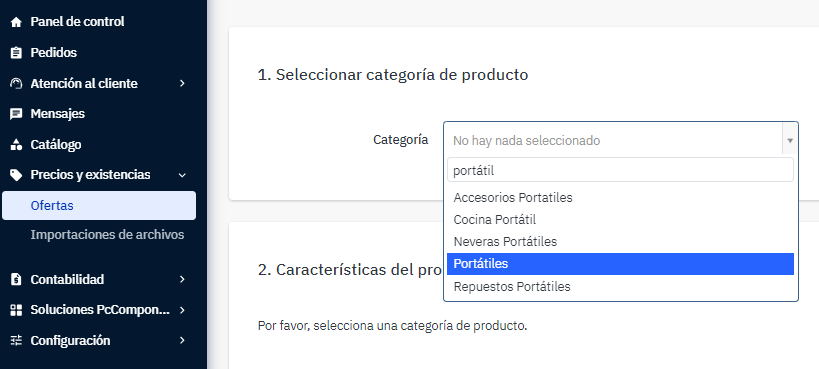 Selección de categoría para crear un producto