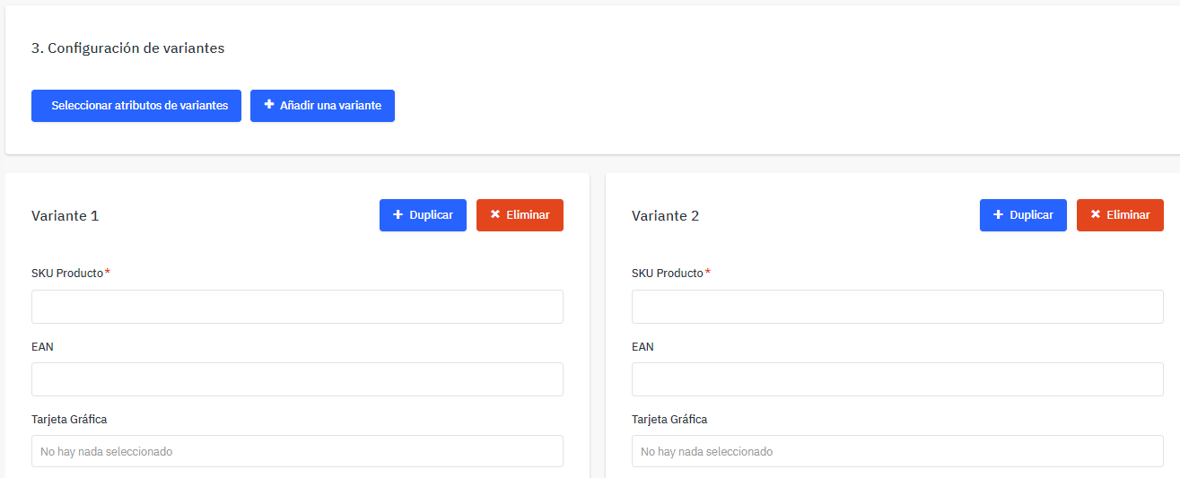 Configuración de variantes de producto