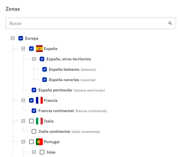 Selección de territorios para la zona de envío