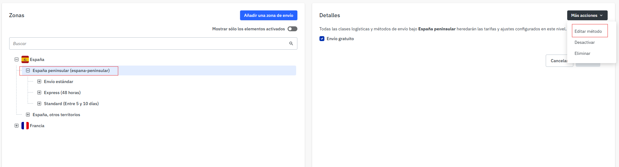Menú de más acciones para editar método de envío