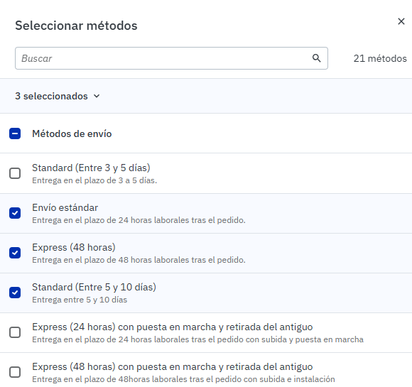 Selección de tiempos de envío