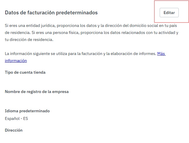 Pantalla de datos de facturación en Mirakl