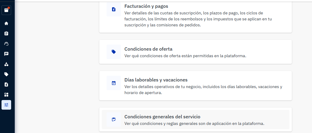 Opción Condiciones generales del servicio